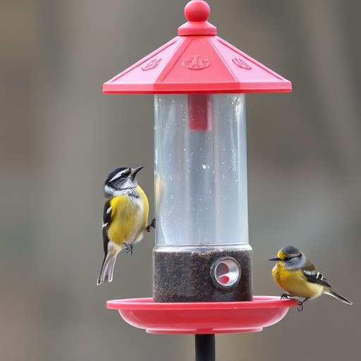 Birds perched on weatherproof feeder