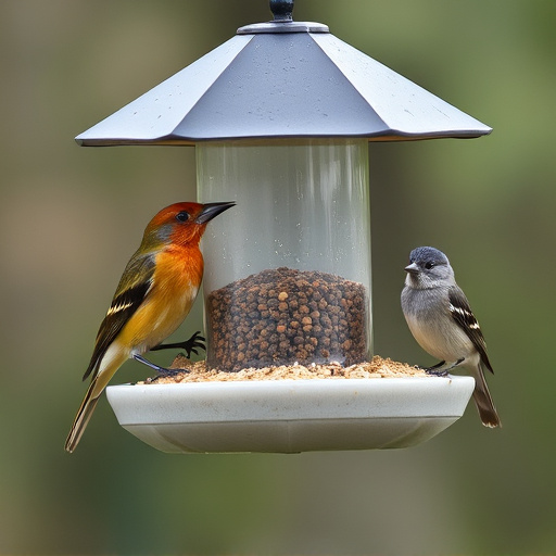 Birds perched on weatherproof feeder