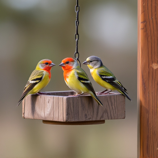 Birds perched on wooden feeding platform