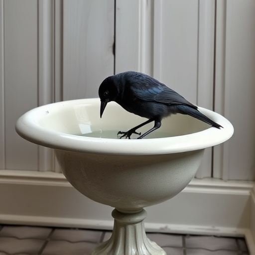 Blackbird drinking from vintage pedestal bath