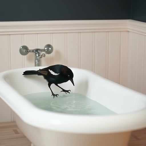 Blackbird drinking from vintage pedestal bath