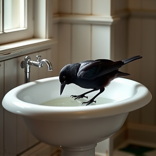 Blackbird drinking from vintage pedestal bath