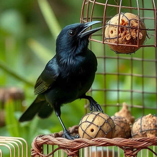 Blackbird feeding near ground fat ball cage