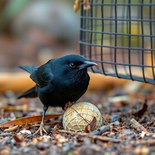 Blackbird feeding near ground fat ball cage