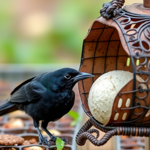 Blackbird feeding near ground fat ball cage