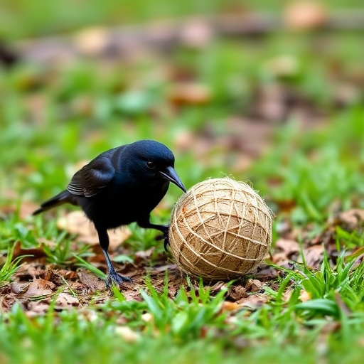 Blackbird feeding near ground fat ball cage