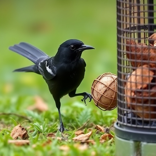 Blackbird feeding near ground fat ball cage