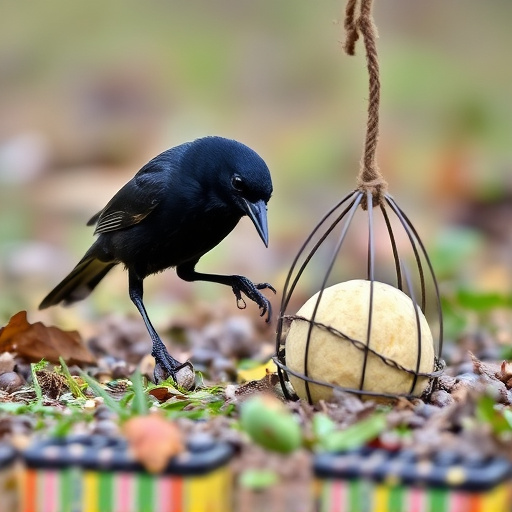 Blackbird feeding near ground fat ball cage