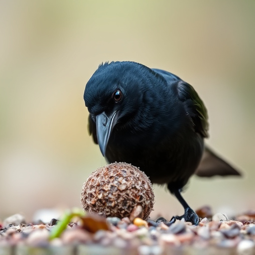 Blackbird feeding near ground fat ball cage