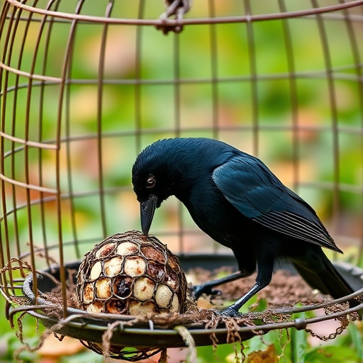 Blackbird feeding near ground fat ball cage