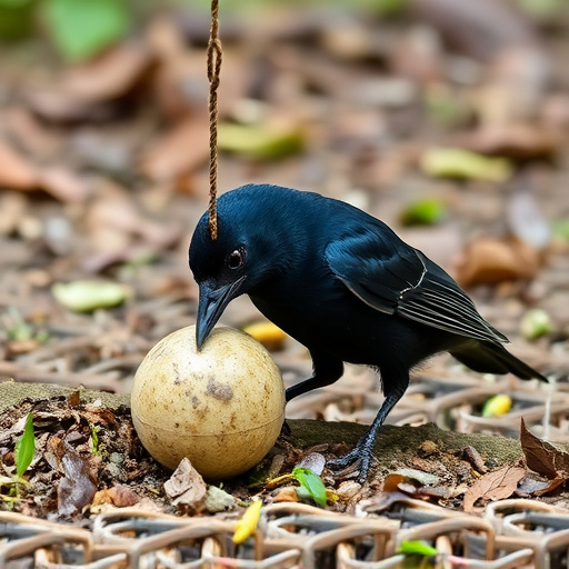 Blackbird feeding near ground fat ball cage