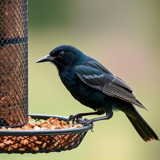 Blackbird pecking from mesh ground feeder