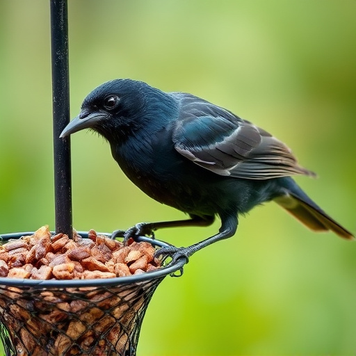 Blackbird pecking from mesh ground feeder