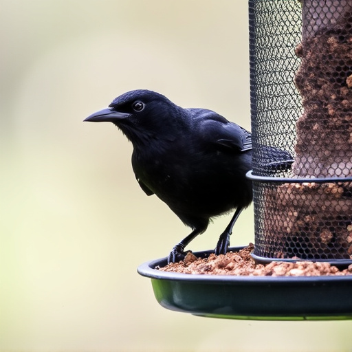 Blackbird pecking from mesh ground feeder