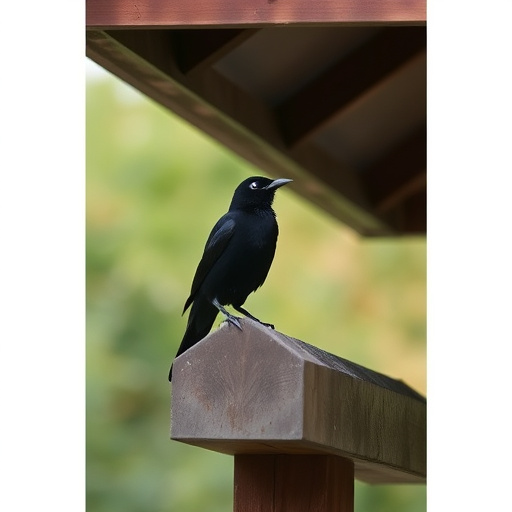 Blackbird perched under roofed platform