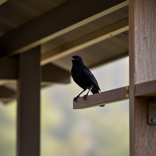 Blackbird perched under roofed platform