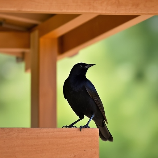 Blackbird perched under roofed platform