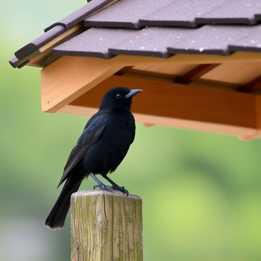 Blackbird perched under roofed platform
