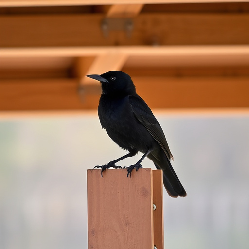 Blackbird perched under roofed platform