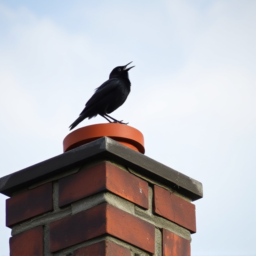 Blackbird singing from rooftop chimney