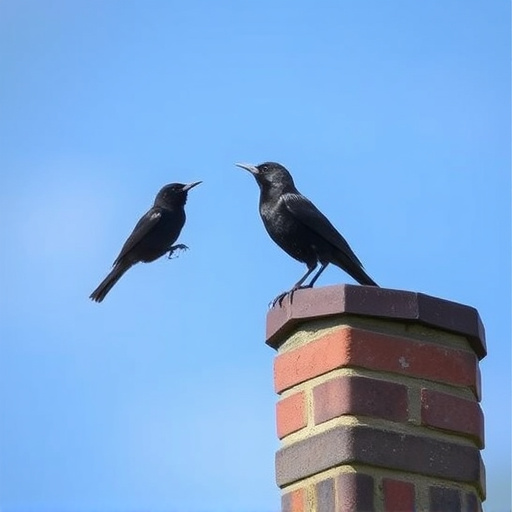 Blackbird singing from rooftop chimney