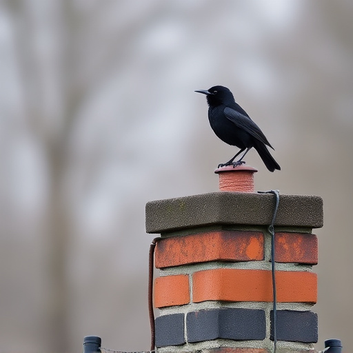 Blackbird singing from rooftop chimney