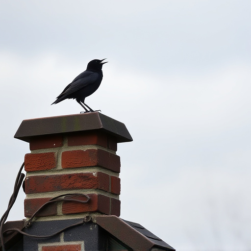 Blackbird singing from rooftop chimney