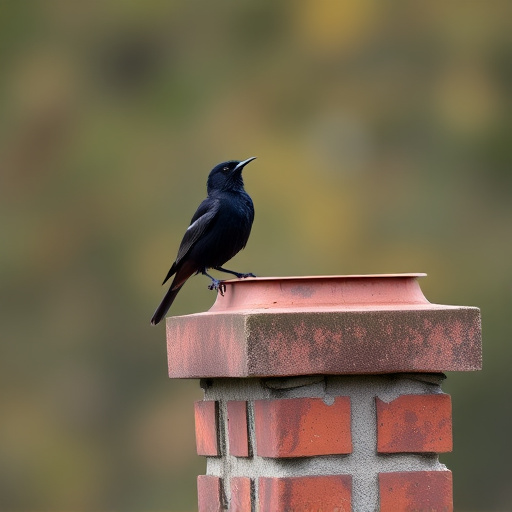 Blackbird singing from rooftop chimney
