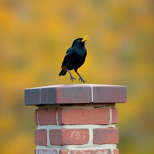 Blackbird singing from rooftop chimney