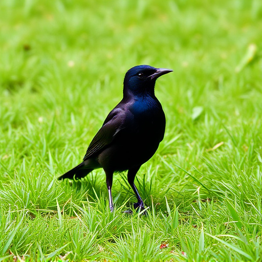 Blackbird standing on lush green lawn
