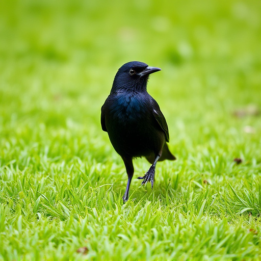 Blackbird standing on lush green lawn