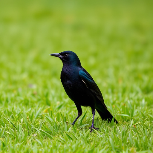 Blackbird standing on lush green lawn