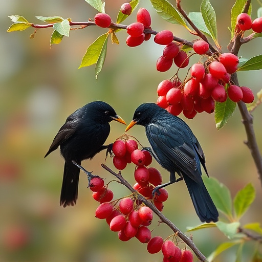 Blackbirds pecking at berries