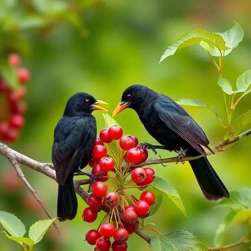Blackbirds pecking at berries