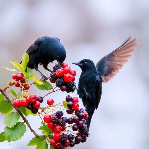 Blackbirds pecking at berries
