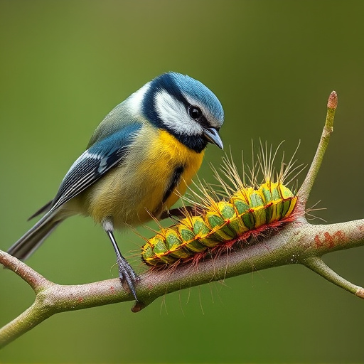 Blue tit feeding on caterpillars