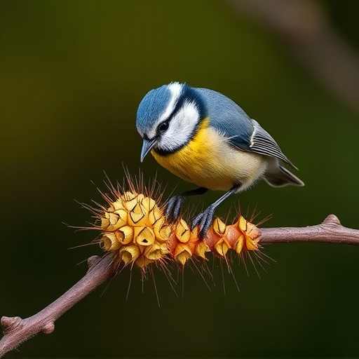 Blue tit feeding on caterpillars