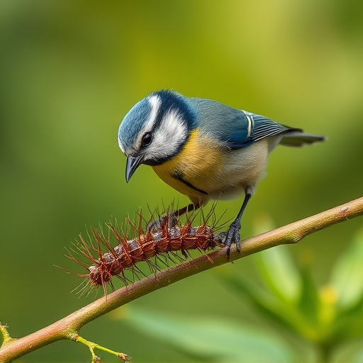 Blue tit feeding on caterpillars
