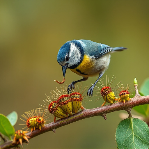 Blue tit feeding on caterpillars