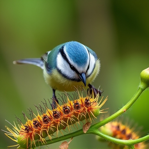 Blue tit feeding on caterpillars