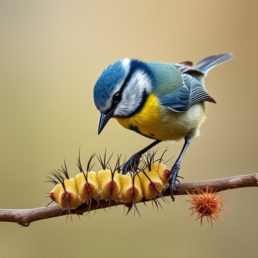 Blue tit feeding on caterpillars