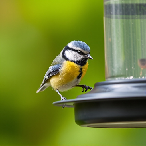 Blue tit feeding on hanging feeder