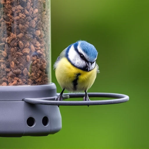 Blue tit feeding on hanging feeder