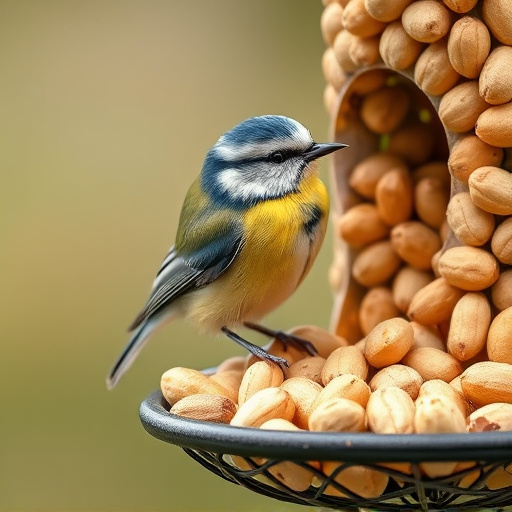 Blue tit feeding on hanging peanut feeder