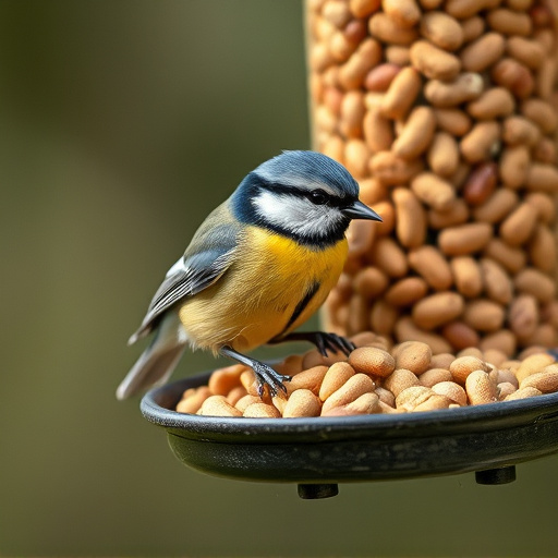 Blue tit feeding on hanging peanut feeder