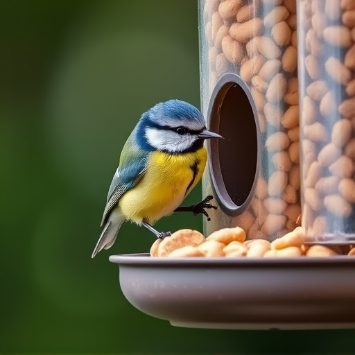 Blue tit feeding on hanging peanut feeder
