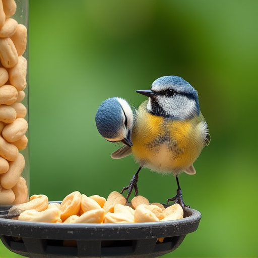Blue tit feeding on hanging peanut feeder