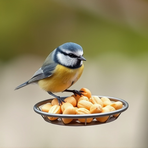 Blue tit feeding on hanging peanut feeder