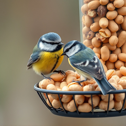 Blue tit feeding on hanging peanut feeder