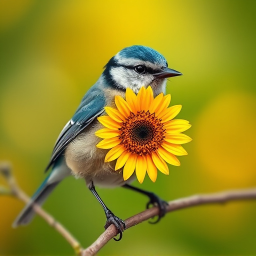 Blue tit holding sunflower heart in beak